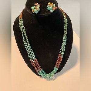 24 Inch Beaded Teal & Brown Necklace with matching clip Earrings